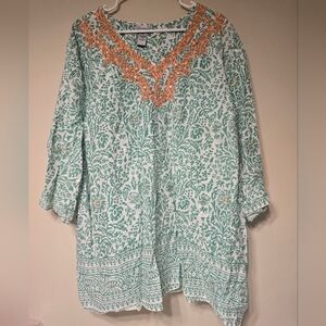 Catherine’s Women Plus 3X Bohemian 3/4 Sleeve VNeck Embroidered Blouse Shirt